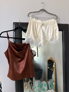 Boutique Rust Brown Satin Cami Champagne Lace Shorts Set Large 8 10